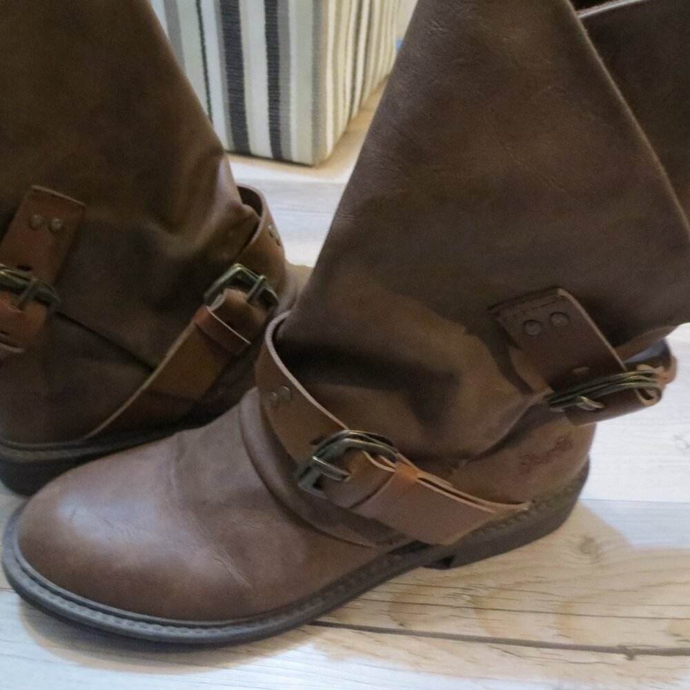SOLD! Blowfish Boots Brown Mid Calf Flat Low Heel Faux Leather Strappy Buckles
